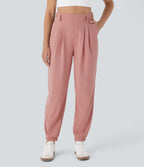 High Waisted Tapered Waffle Casual Joggers with Side Pocket — Rose Tan — view 3
