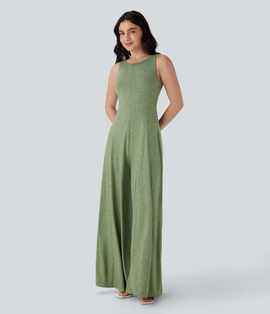 Cut Out Backless Sleeveless Wide Leg Resort Flowy Jumpsuit — Light Green Floral Yarn — view 3