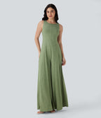 Cut Out Backless Sleeveless Wide Leg Resort Flowy Jumpsuit — Light Green Floral Yarn — view 6