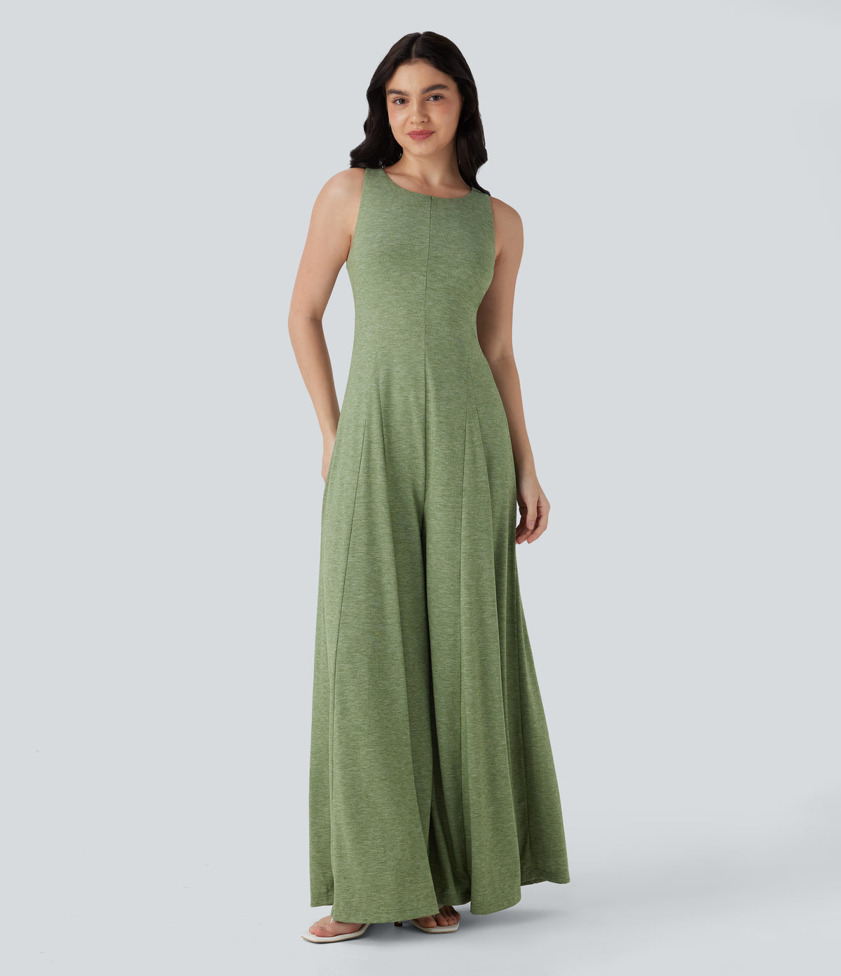 Cut Out Backless Sleeveless Wide Leg Resort Flowy Jumpsuit — Light Green Floral Yarn — view 6