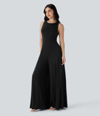 Cut Out Backless Sleeveless Wide Leg Resort Flowy Jumpsuit — Black — view 7