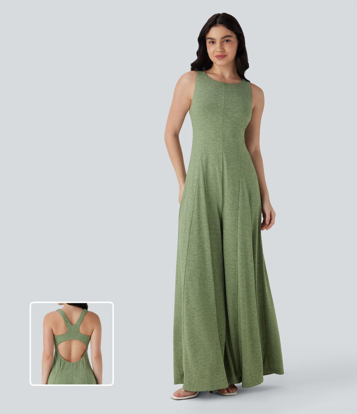 Cut Out Backless Sleeveless Wide Leg Resort Flowy Jumpsuit — Light Green Floral Yarn — view 1