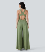 Cut Out Backless Sleeveless Wide Leg Resort Flowy Jumpsuit — Light Green Floral Yarn — view 2