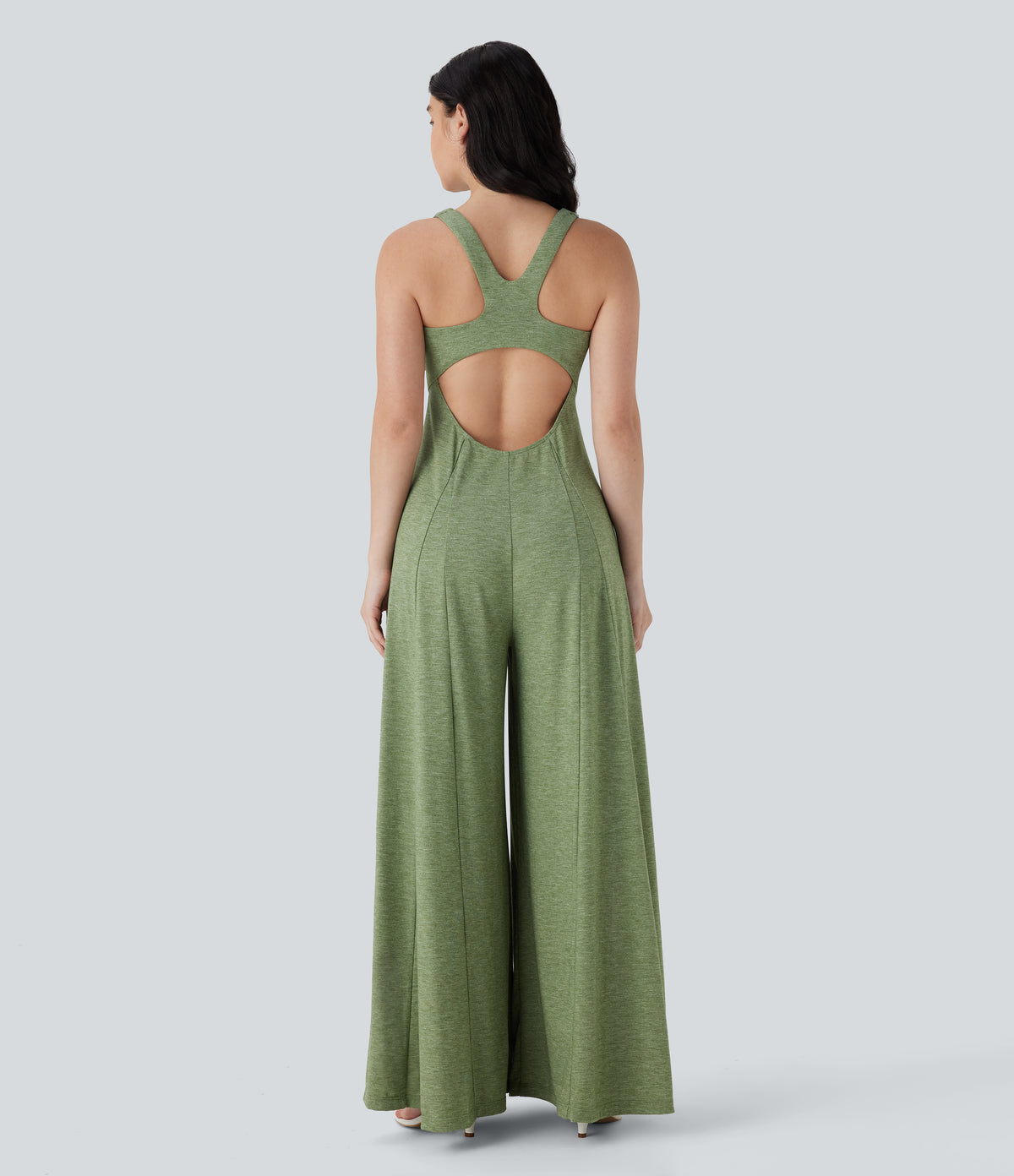 Cut Out Backless Sleeveless Wide Leg Resort Flowy Jumpsuit — Light Green Floral Yarn — view 2