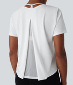 Round Neck Short Sleeve Contrast Mesh Yoga Sports Top — White — view 4