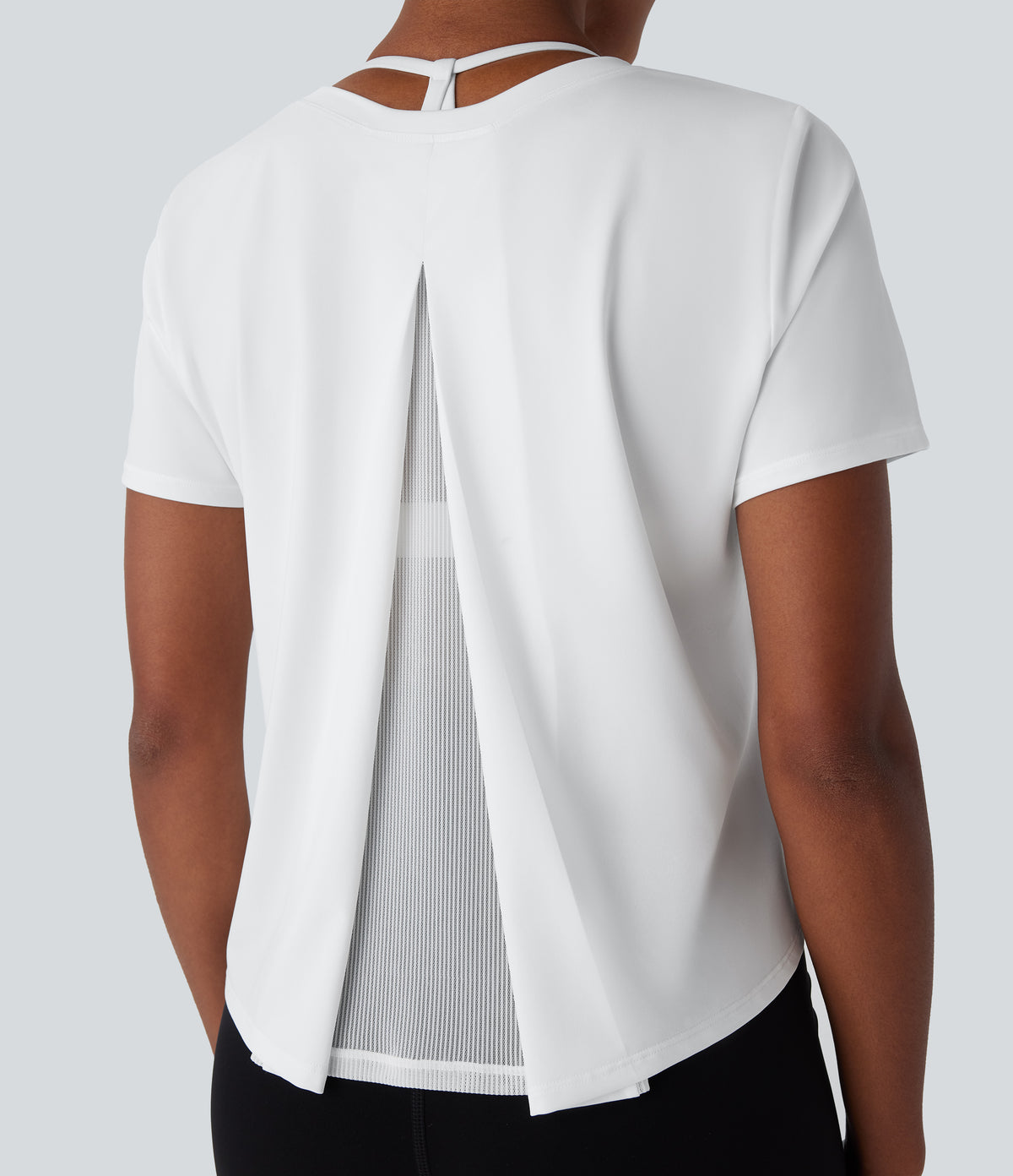 Round Neck Short Sleeve Contrast Mesh Yoga Sports Top — White — view 4