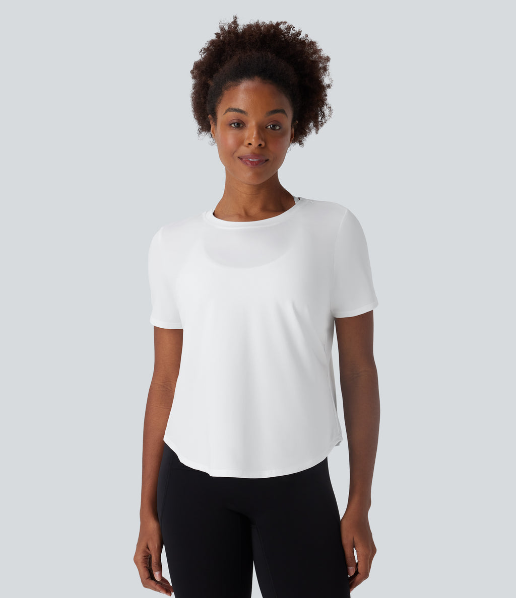 Round Neck Short Sleeve Contrast Mesh Yoga Sports Top — White — view 2