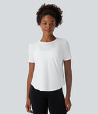 Round Neck Short Sleeve Contrast Mesh Yoga Sports Top — White — view 2