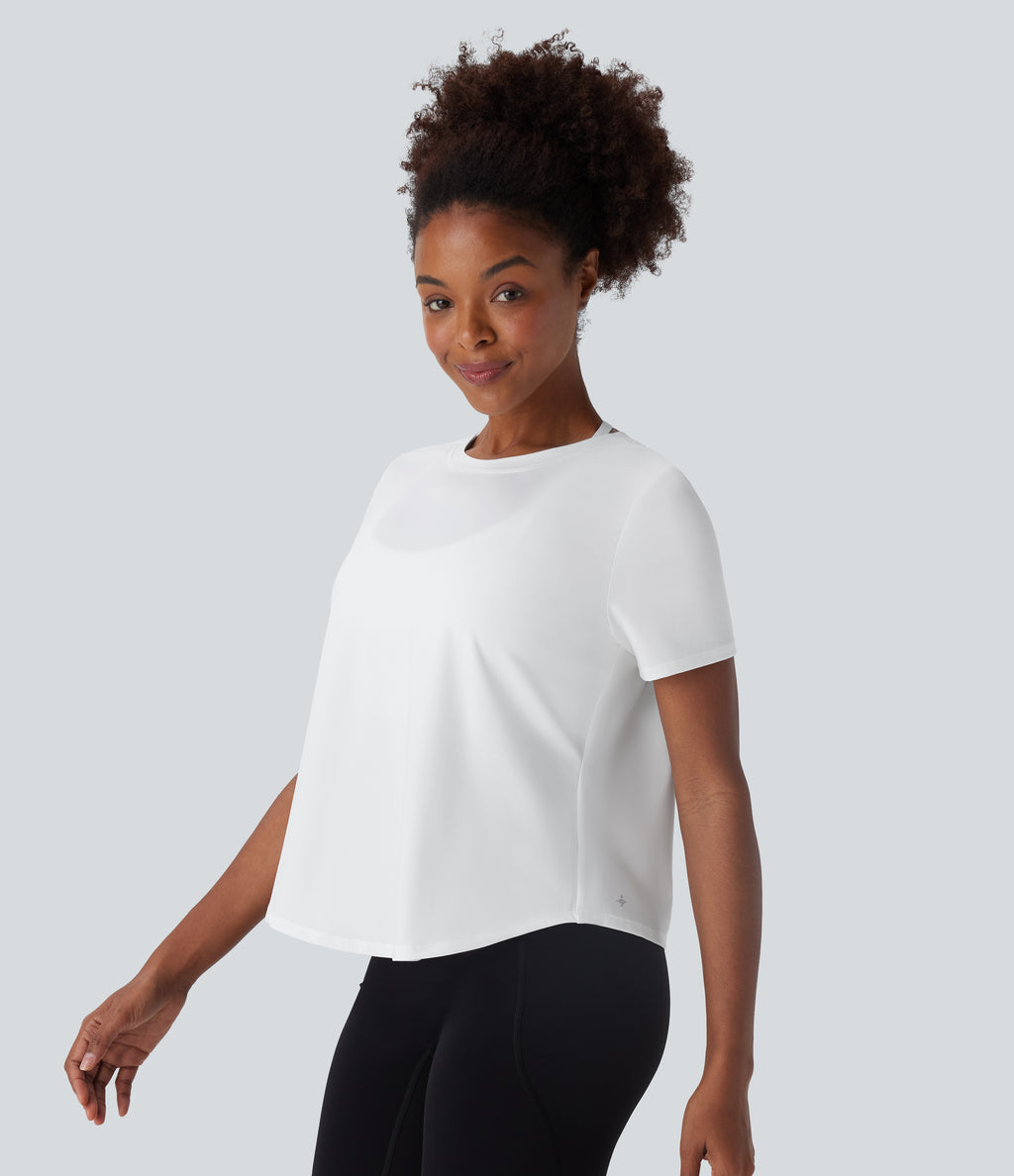 Round Neck Short Sleeve Contrast Mesh Yoga Sports Top — White — view 3