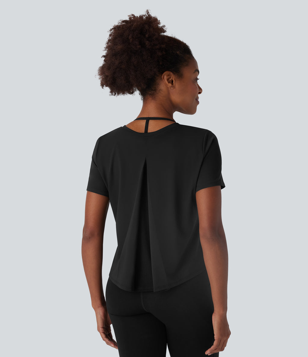 Round Neck Short Sleeve Contrast Mesh Yoga Sports Top — Black — view 8