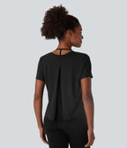 Round Neck Short Sleeve Contrast Mesh Yoga Sports Top — Black — view 8