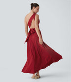 V Neck Short Sleeve Crisscross Tie Back Split Maxi Party Dress with Side Pocket — Emboldened — view 7