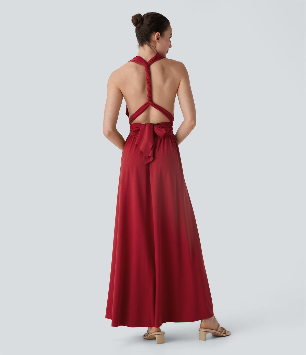 V Neck Short Sleeve Crisscross Tie Back Split Maxi Party Dress with Side Pocket — Emboldened — view 5