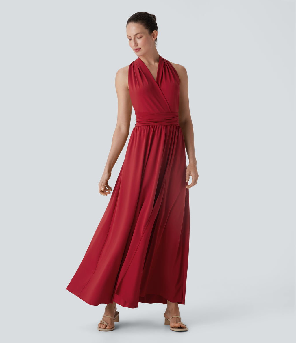 V Neck Short Sleeve Crisscross Tie Back Split Maxi Party Dress with Side Pocket — Emboldened — view 3