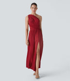V Neck Short Sleeve Crisscross Tie Back Split Maxi Party Dress with Side Pocket — Emboldened — view 6