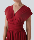V Neck Short Sleeve Crisscross Tie Back Split Maxi Party Dress with Side Pocket — Emboldened — view 8