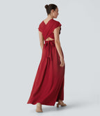 V Neck Short Sleeve Crisscross Tie Back Split Maxi Party Dress with Side Pocket — Emboldened — view 2