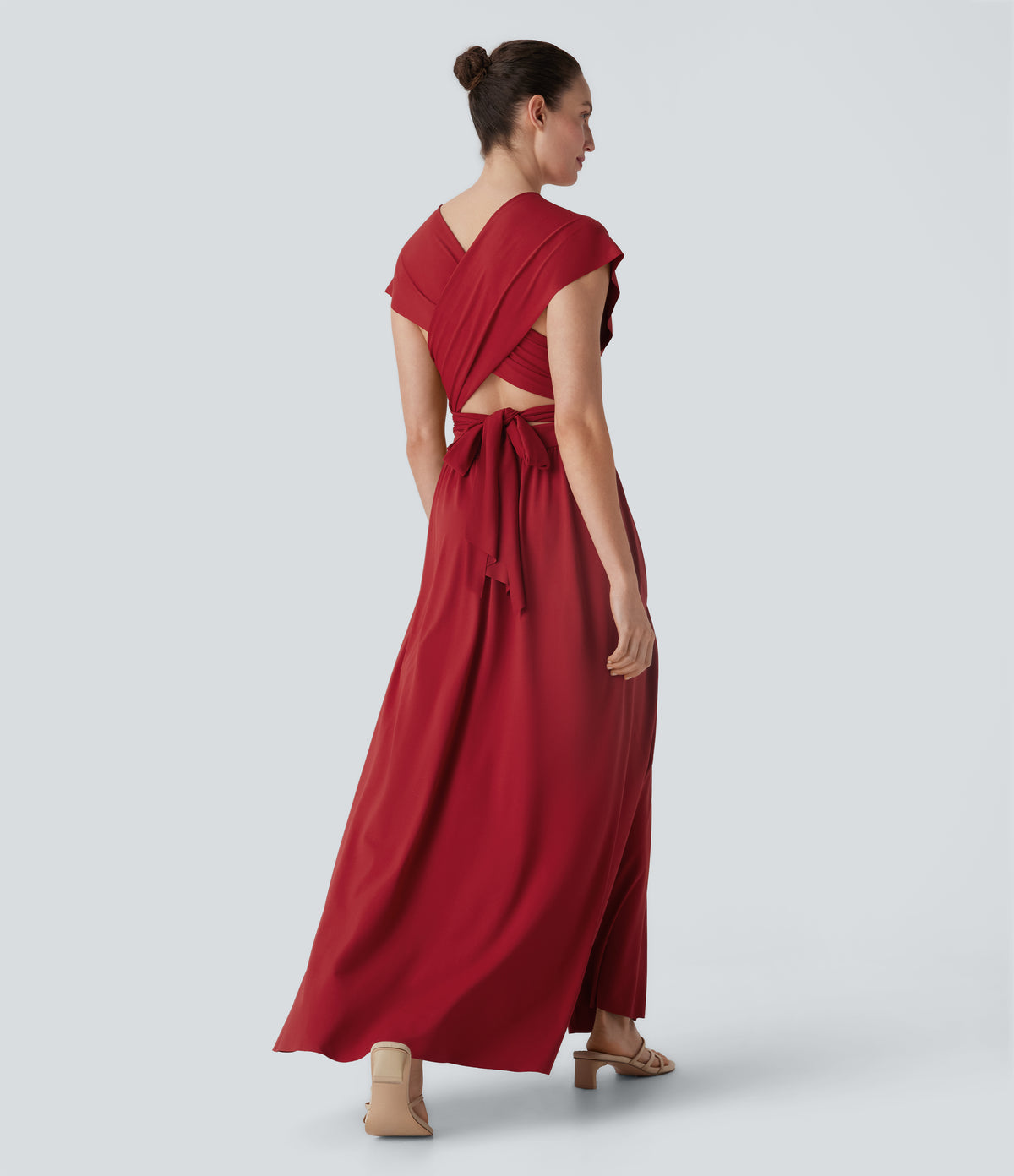 V Neck Short Sleeve Crisscross Tie Back Split Maxi Party Dress with Side Pocket — Emboldened — view 2