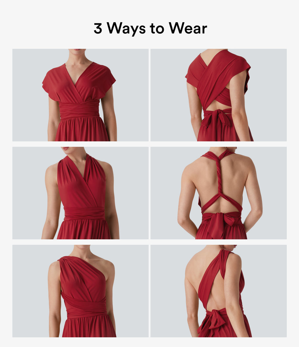 V Neck Short Sleeve Crisscross Tie Back Split Maxi Party Dress with Side Pocket — Emboldened — view 4