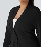 Plus Size V Neck Long Sleeve Single Front Work Peplum Jacket — Black — view 5