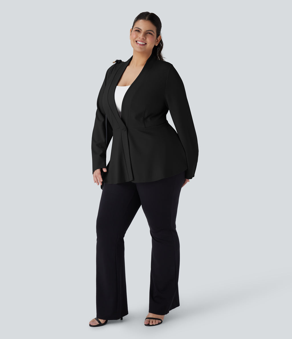 Plus Size V Neck Long Sleeve Single Front Work Peplum Jacket — Black — view 7