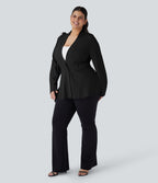 Plus Size V Neck Long Sleeve Single Front Work Peplum Jacket — Black — view 7