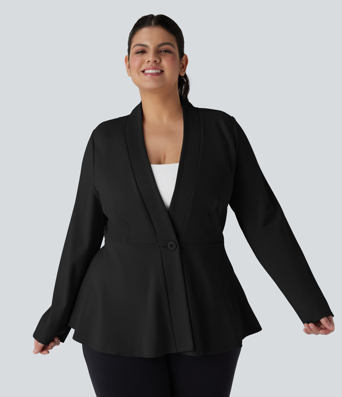Plus Size V Neck Long Sleeve Single Front Work Peplum Jacket — Black — view 1
