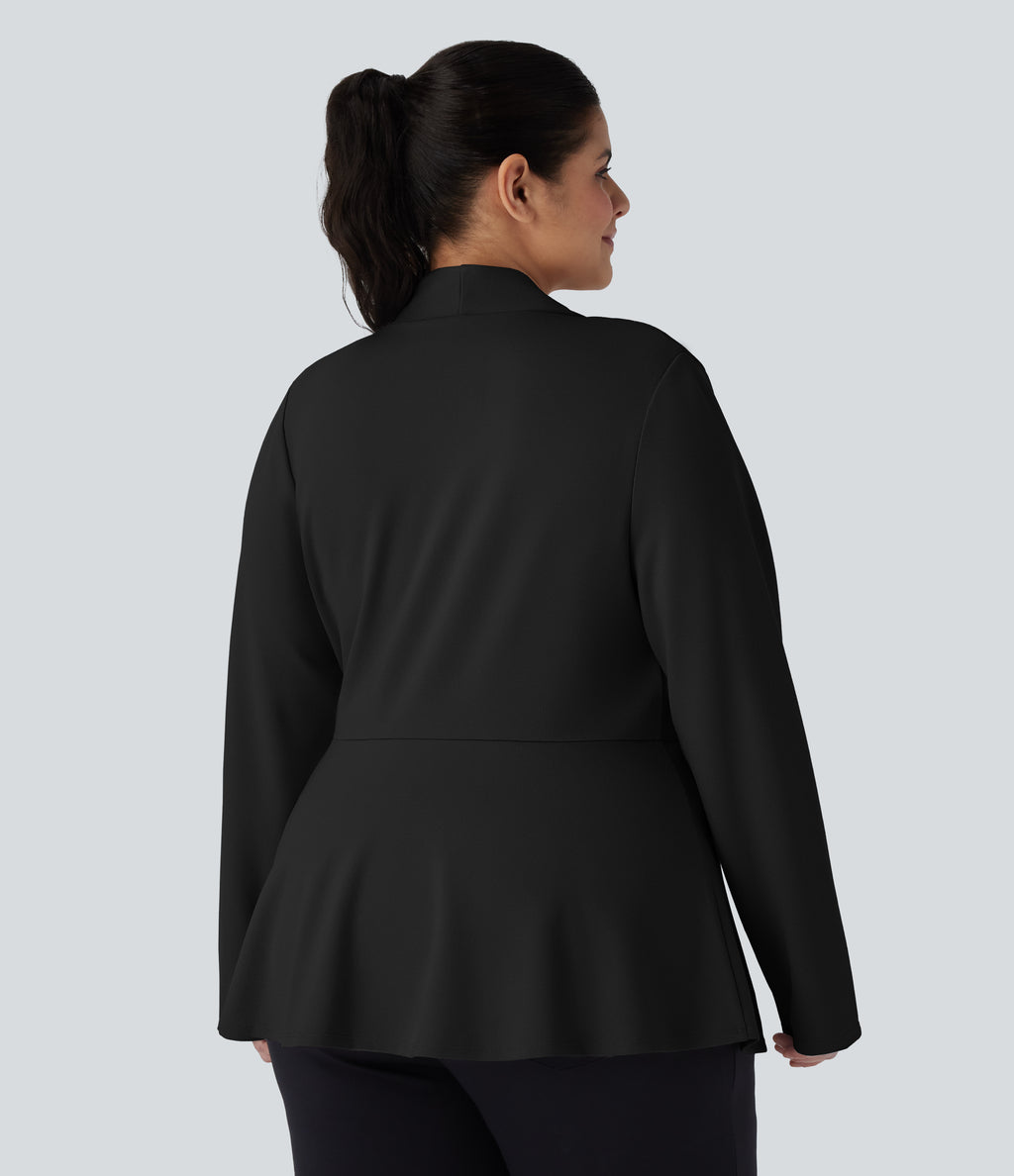 Plus Size V Neck Long Sleeve Single Front Work Peplum Jacket — Black — view 2