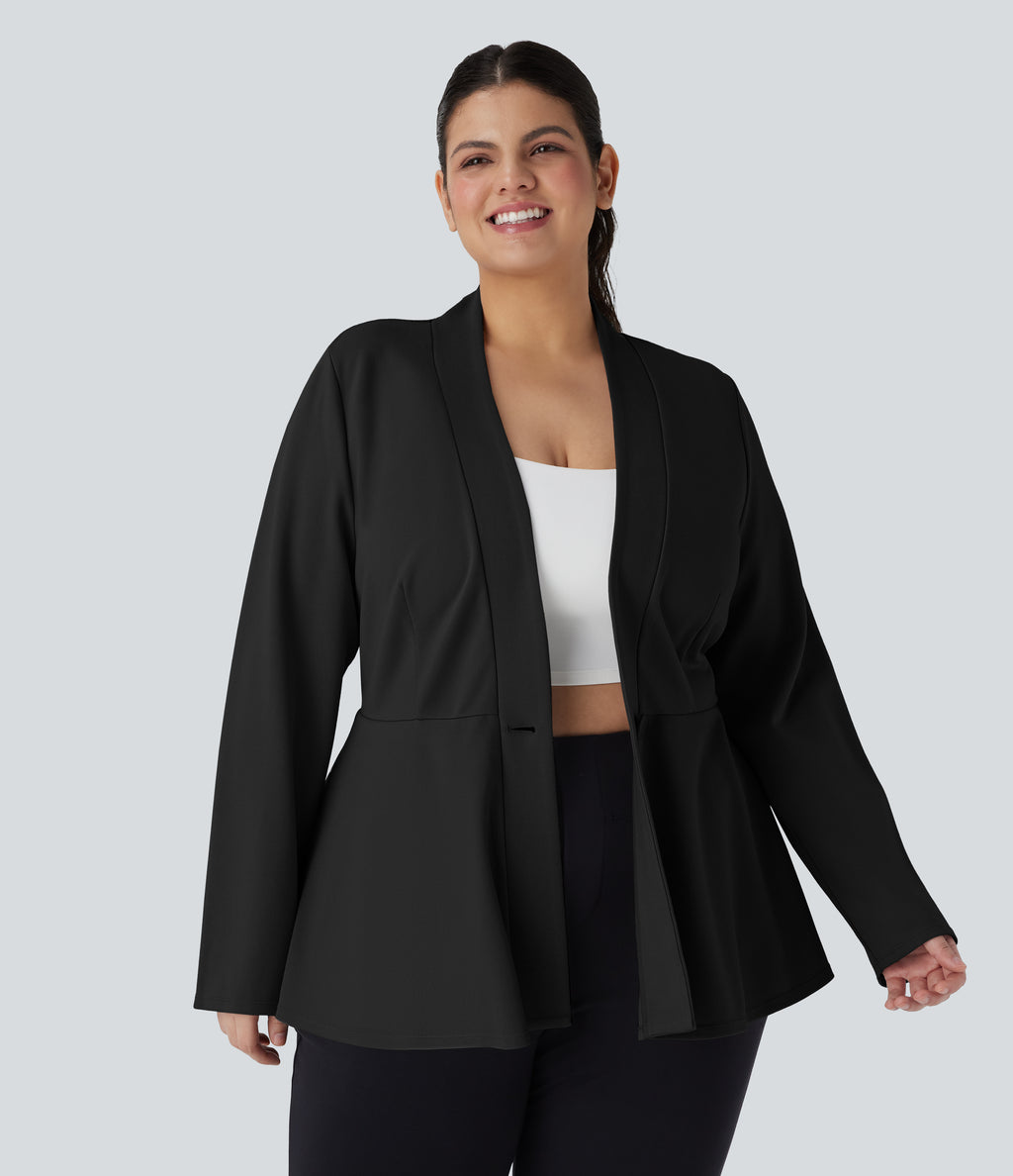 Plus Size V Neck Long Sleeve Single Front Work Peplum Jacket — Black — view 6