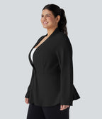 Plus Size V Neck Long Sleeve Single Front Work Peplum Jacket — Black — view 3