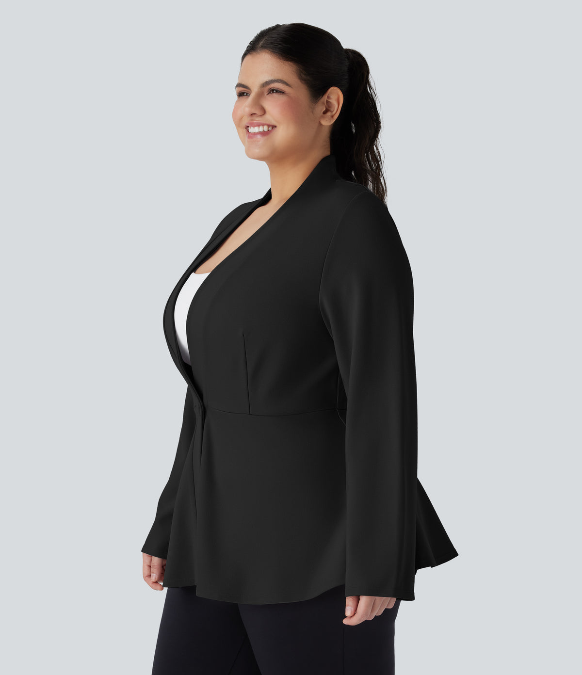 Plus Size V Neck Long Sleeve Single Front Work Peplum Jacket — Black — view 3