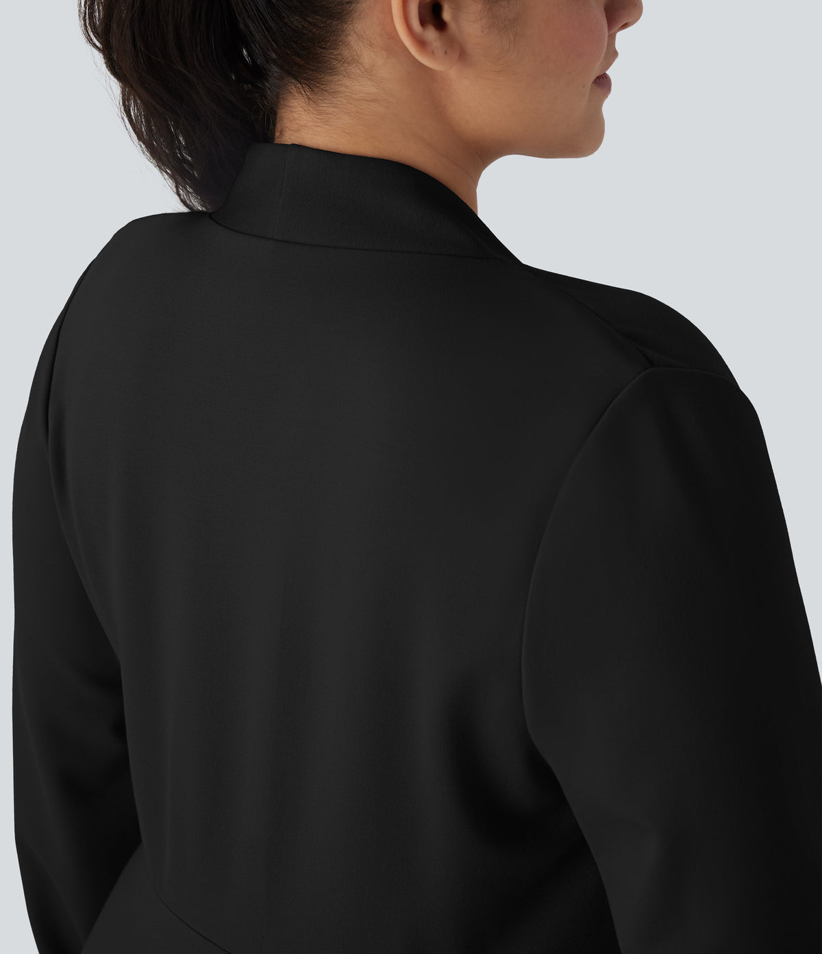 Plus Size V Neck Long Sleeve Single Front Work Peplum Jacket — Black — view 4