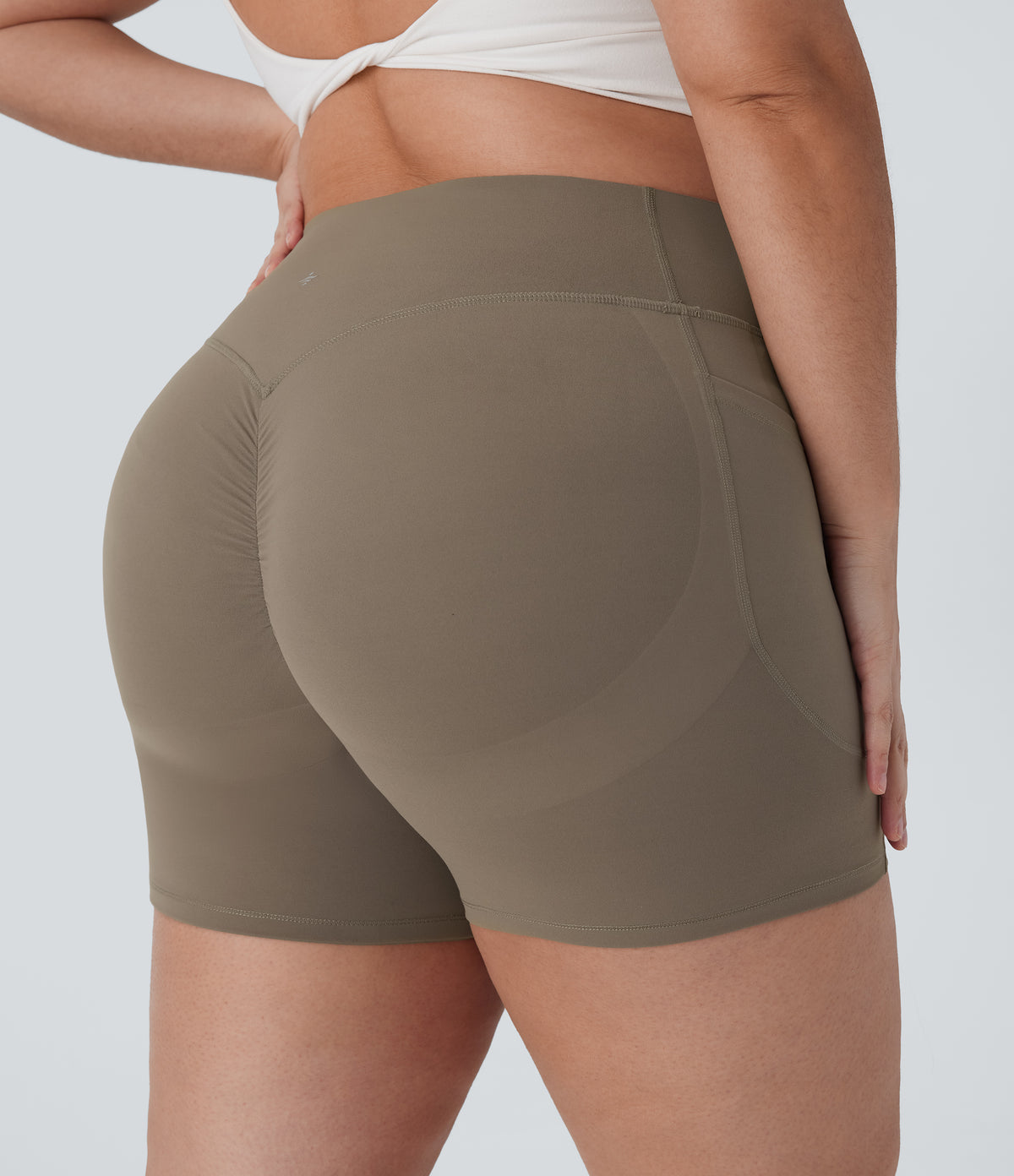 Plus Size High Waisted Scrunch Butt Lifting Tummy Control Shaping Training Biker Shorts 5'' with Pockets — Dawn Brown — view 5