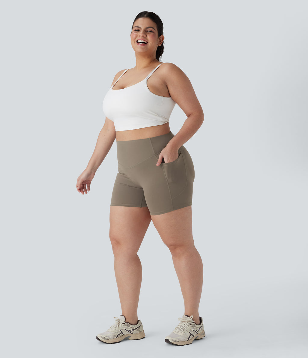 Plus Size High Waisted Scrunch Butt Lifting Tummy Control Shaping Training Biker Shorts 5'' with Pockets — Dawn Brown — view 7