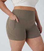 Plus Size High Waisted Scrunch Butt Lifting Tummy Control Shaping Training Biker Shorts 5'' with Pockets — Dawn Brown — view 4