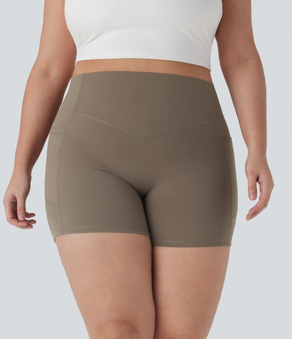 Plus Size High Waisted Scrunch Butt Lifting Tummy Control Shaping Training Biker Shorts 5'' with Pockets — Dawn Brown — view 3