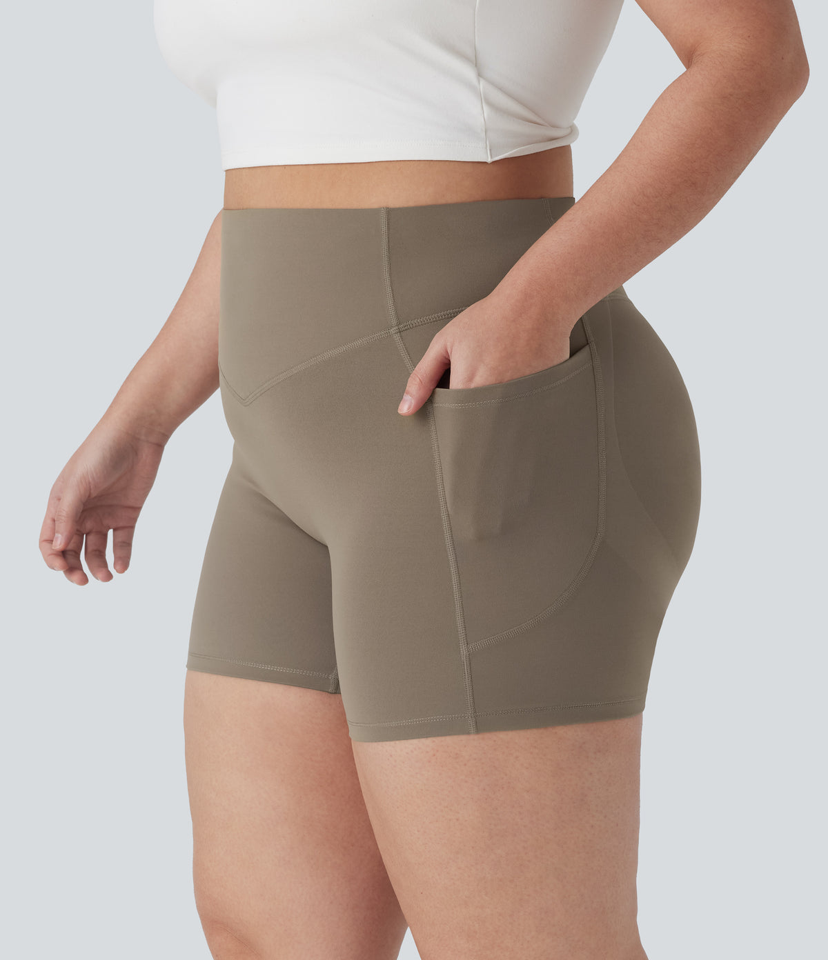 Plus Size High Waisted Scrunch Butt Lifting Tummy Control Shaping Training Biker Shorts 5'' with Pockets — Dawn Brown — view 6