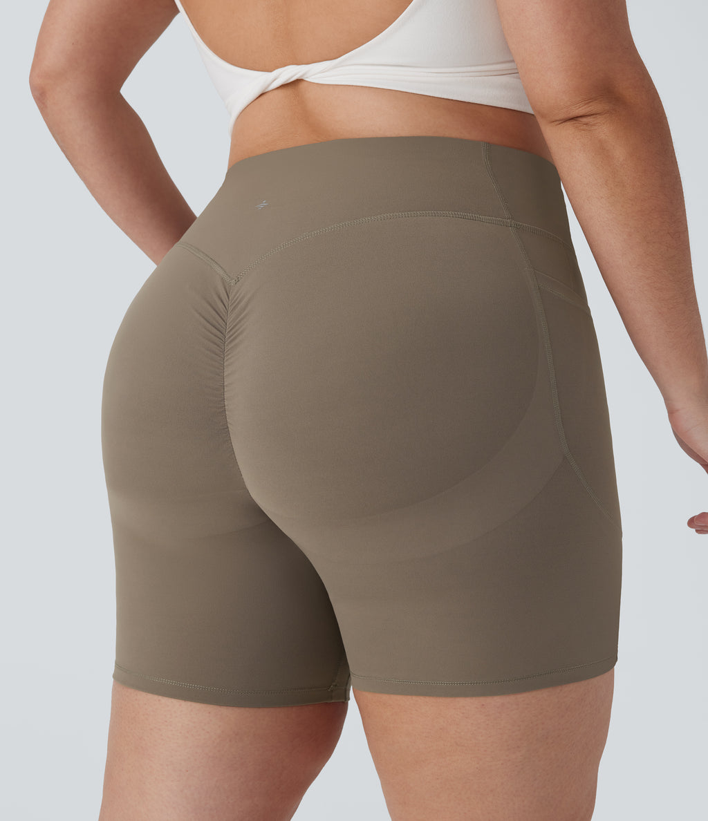 Plus Size High Waisted Scrunch Butt Lifting Tummy Control Shaping Training Biker Shorts 7'' with Pockets — Dawn Brown — view 5