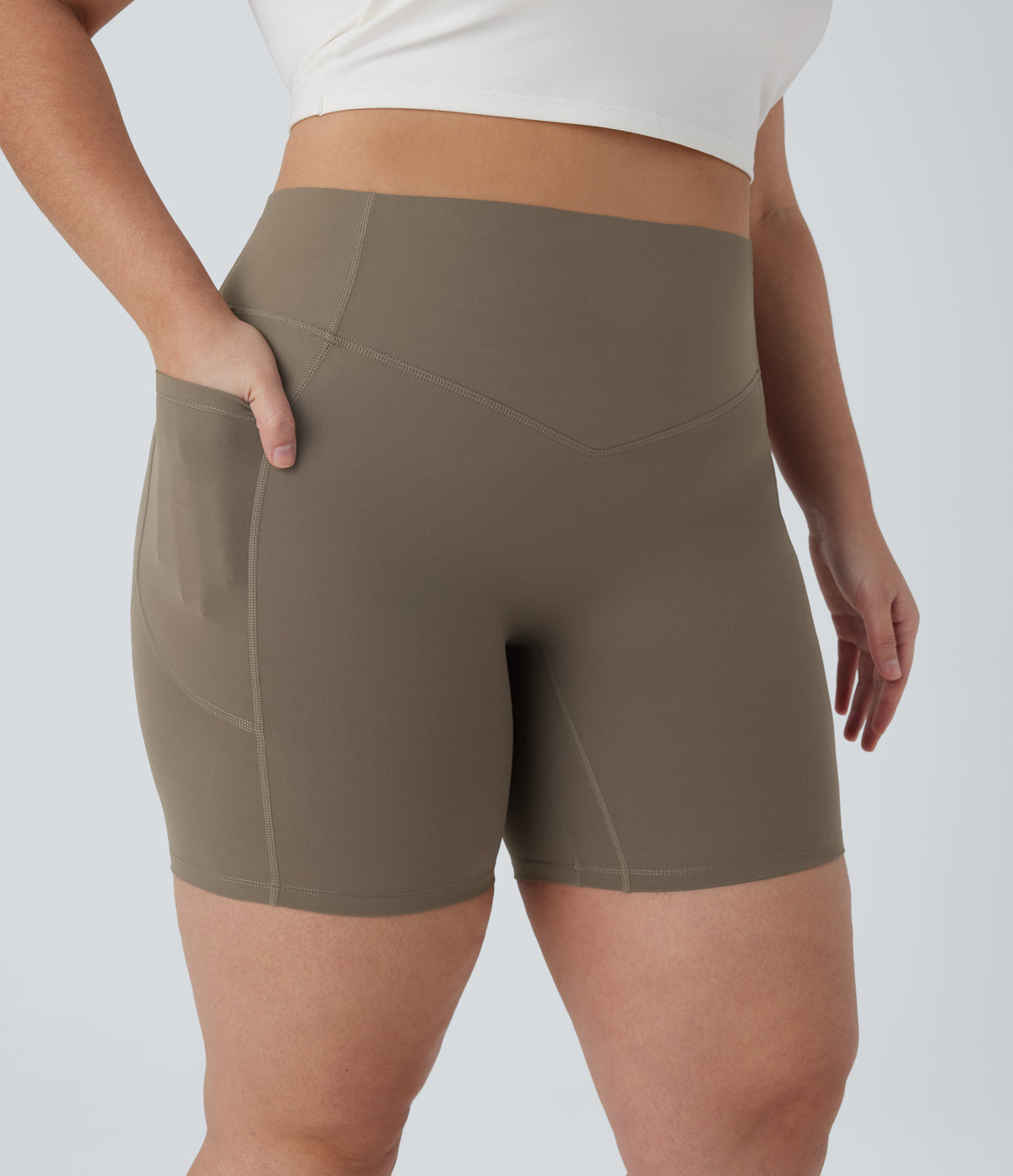 Plus Size High Waisted Scrunch Butt Lifting Tummy Control Shaping Training Biker Shorts 7'' with Pockets — Dawn Brown — view 4