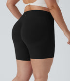Plus Size High Waisted Scrunch Butt Lifting Tummy Control Shaping Training Biker Shorts 7'' with Pockets — Black — view 8