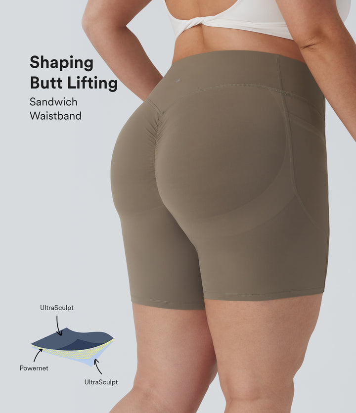Plus Size High Waisted Scrunch Butt Lifting Tummy Control Shaping Training Biker Shorts 7'' with Pockets — Dawn Brown — view 1