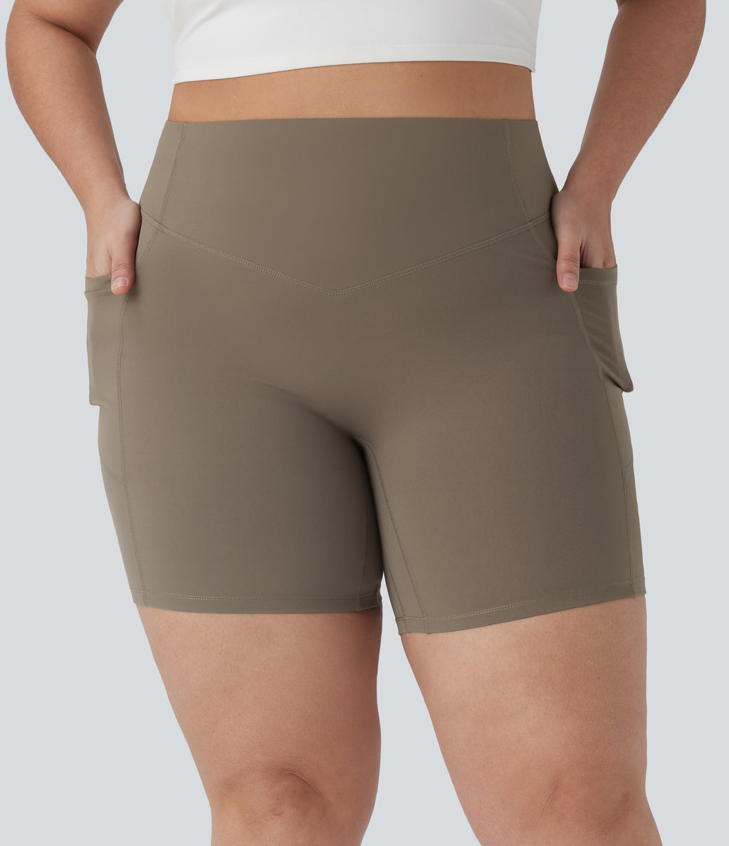 Plus Size High Waisted Scrunch Butt Lifting Tummy Control Shaping Training Biker Shorts 7'' with Pockets — Dawn Brown — view 3