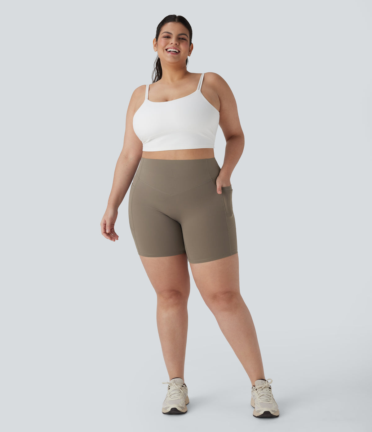 Plus Size High Waisted Scrunch Butt Lifting Tummy Control Shaping Training Biker Shorts 7'' with Pockets — Dawn Brown — view 7