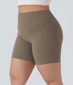 Plus Size High Waisted Scrunch Butt Lifting Tummy Control Shaping Training Biker Shorts 7'' with Pockets — Dawn Brown — view 6