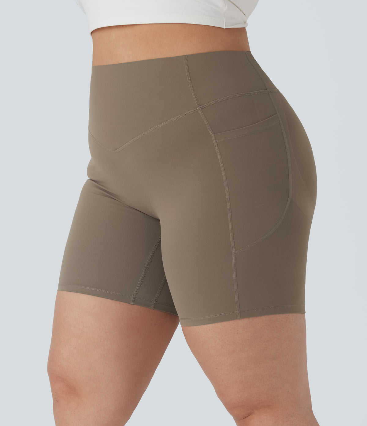Plus Size High Waisted Scrunch Butt Lifting Tummy Control Shaping Training Biker Shorts 7'' with Pockets — Dawn Brown — view 6