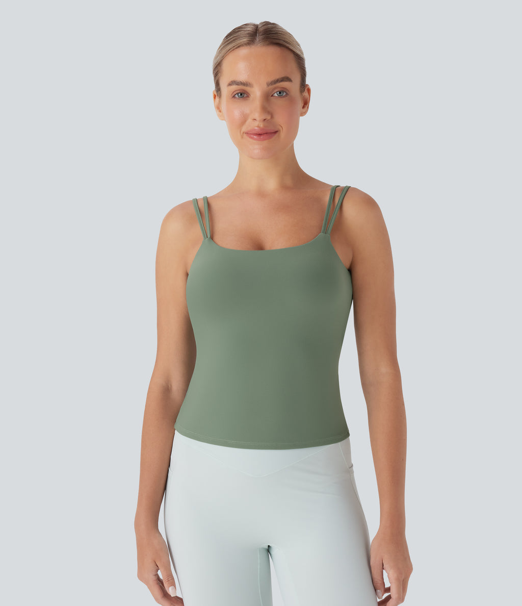 Double Straps Backless Twisted Yoga Tank Vest Top — Hedge Green — view 2