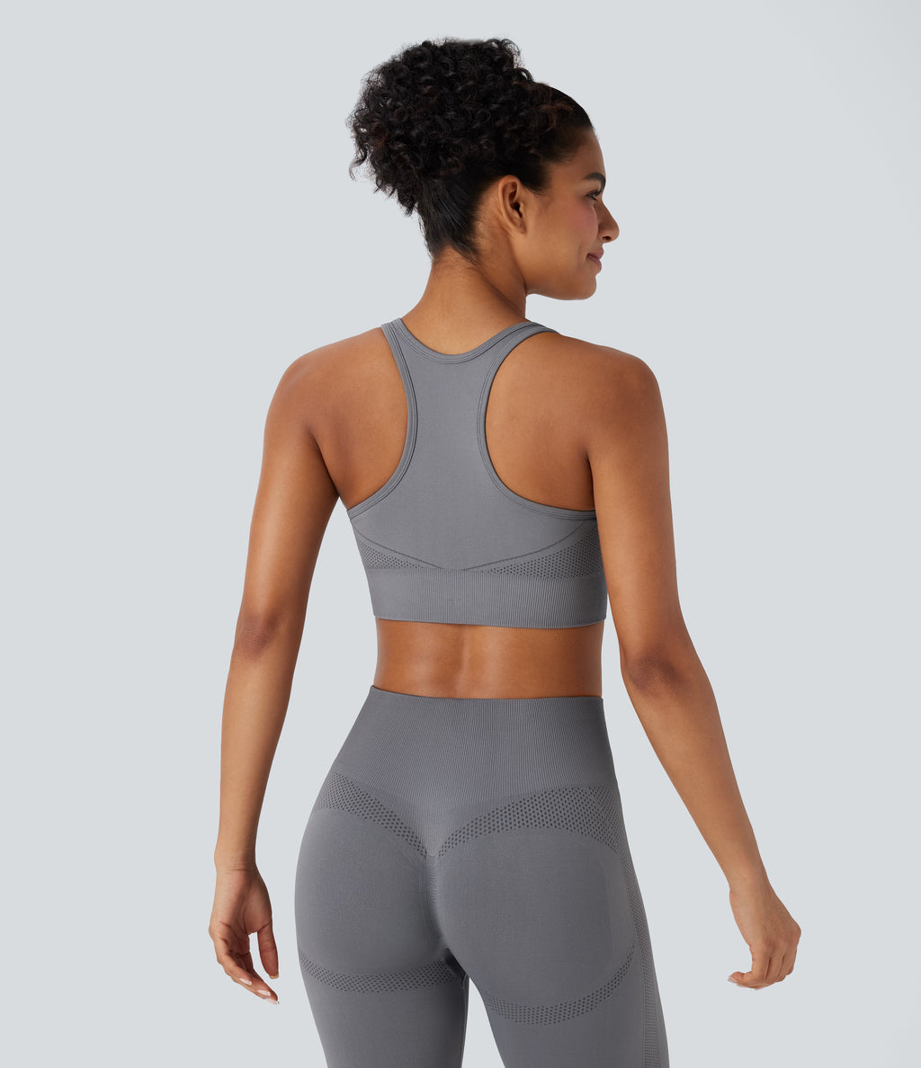 OneForm Seamless Flow Racerback Zipper Cropped Yoga Tank Top — Deep Lilac Grey — view 2