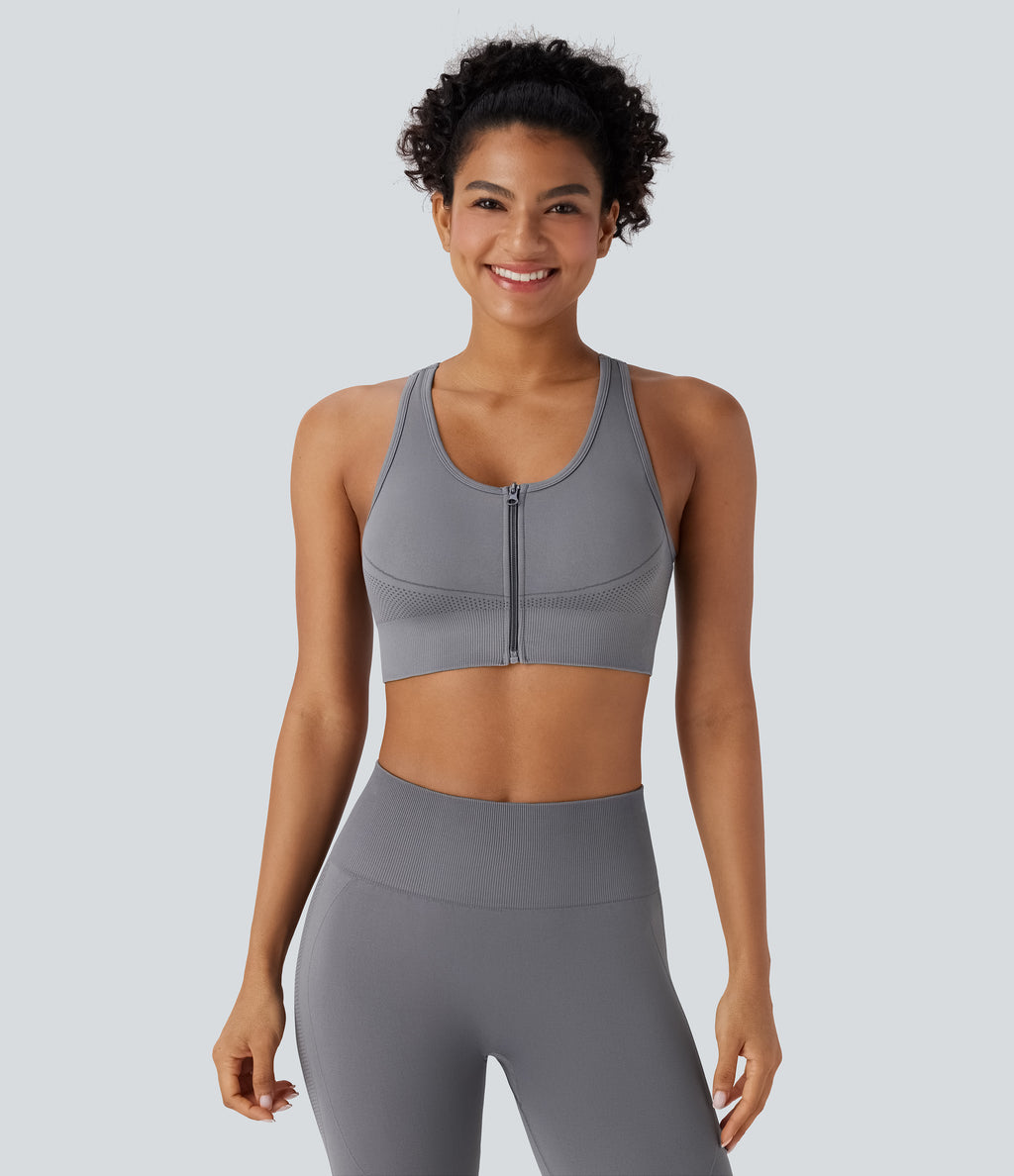 OneForm Seamless Flow Racerback Zipper Cropped Yoga Tank Top — Deep Lilac Grey — view 3