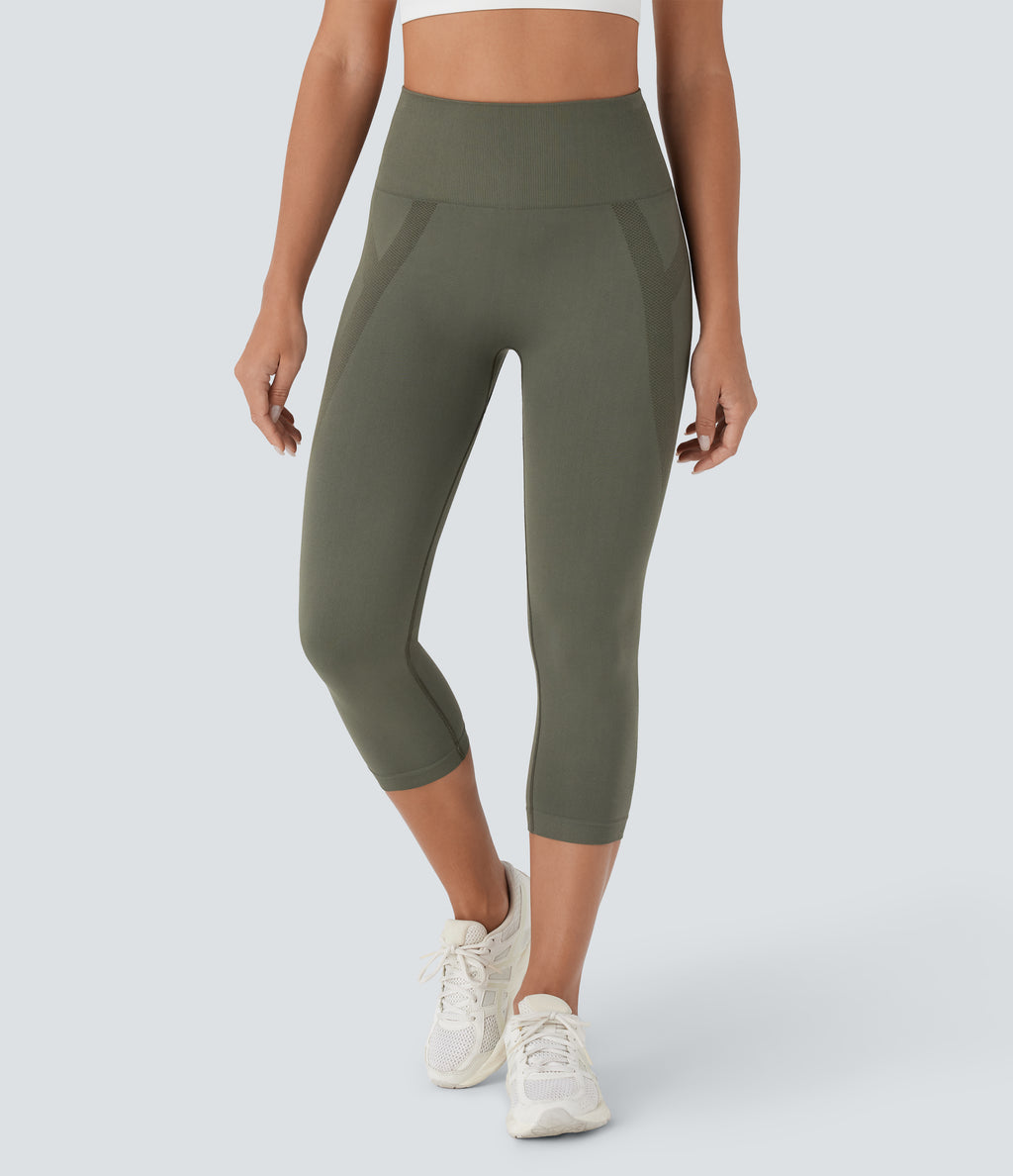 OneForm Seamless Flow High Waisted Ruched Capri Yoga Leggings — Forest Night — view 3