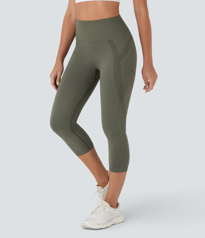 OneForm Seamless Flow High Waisted Ruched Capri Yoga Leggings — Forest Night — view 1